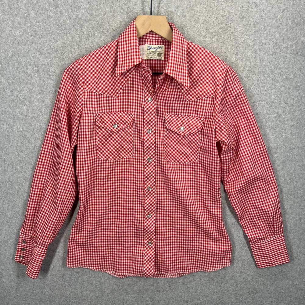 Wrangler Western Shirt Womens 32 Red Gingham Pearl Snap Plaid Long Sleeve EUC